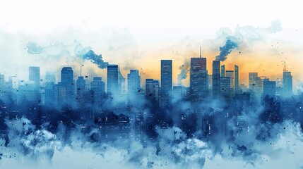 City skyline at dawn depicted in a watercolor style with hazy clouds and smoke.
