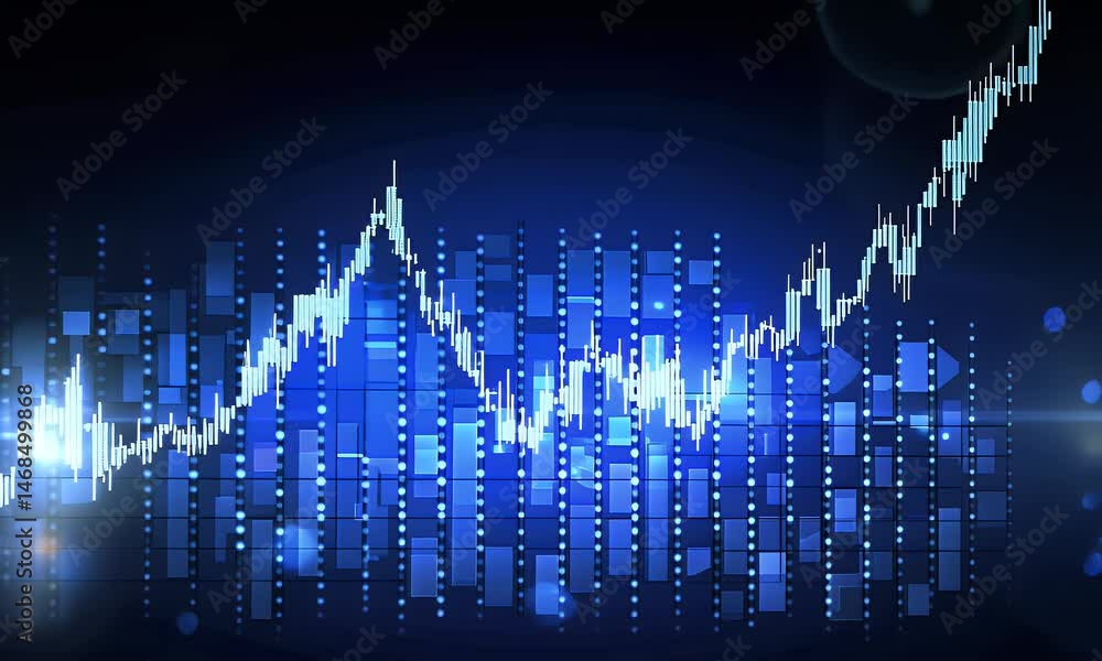 Poster a stock market graph with dynamic lines and candlestick charts, representing the real-time global fi