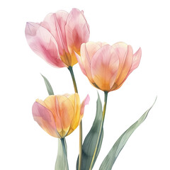 Soft pink and yellow tulip flowers watercolor with delicate green leaves, showcasing natural beauty and gentle elegance in minimalistic style