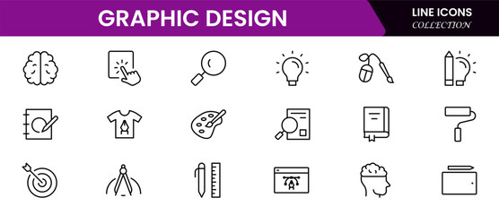 Graphic design web icons set in duotone outline stroke design. Pack pictograms with color palette, content, freelance, print, painting, brainstorm, portfolio, creative idea, tool. Vector illustration.