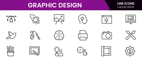 Graphic design web icons set in duotone outline stroke design. Pack pictograms with color palette, content, freelance, print, painting, brainstorm, portfolio, creative idea, tool. Vector illustration.