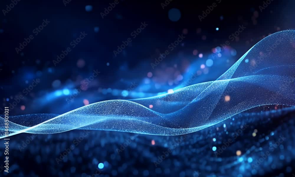 Poster abstract blue background with glowing dots and wavy lines, representing the concept of technology or