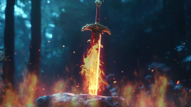 a sword stuck in a rock and emitting fire in the middle of the forest. Virtual 4K video animation background with looping time lapse with very smooth graphics.