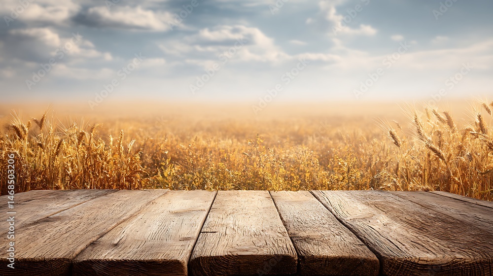 Poster desk above wheat field with space for display, fall harvest background