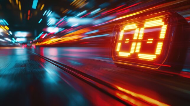 Blurred motion of neon light display showing time in vibrant urban environment at night - Powered by Adobe