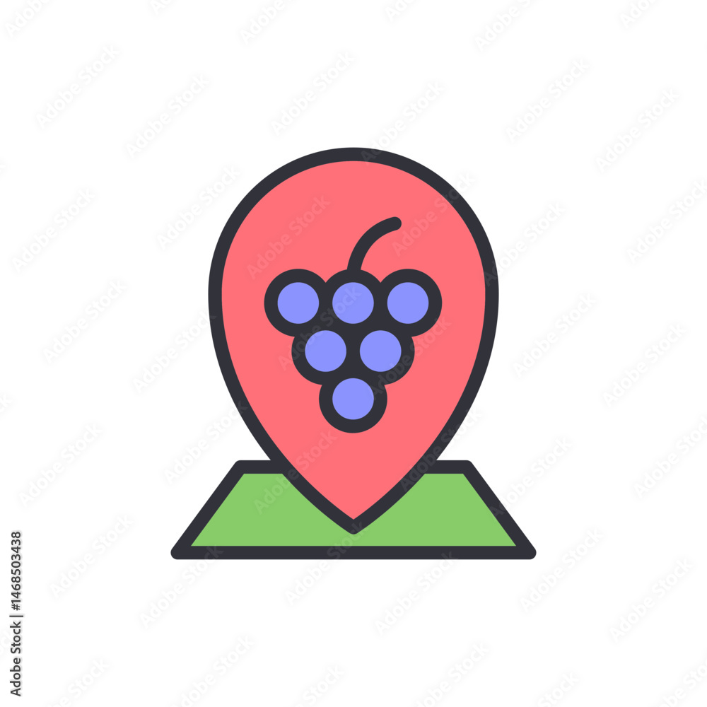 Poster wine region locator icon, a stylized map pointer with grape cluster symbol