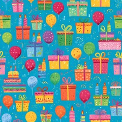 Colorful Birthday Party Gift Wrap Pattern Balloons, Cakes & Presents