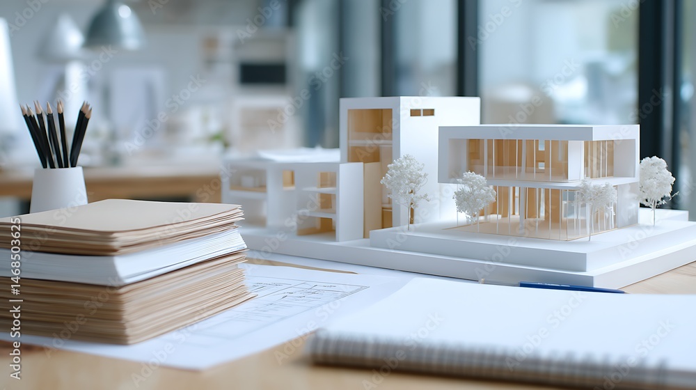 Poster detailed close, up of architectural designs and a scale model representing a contemporary building p