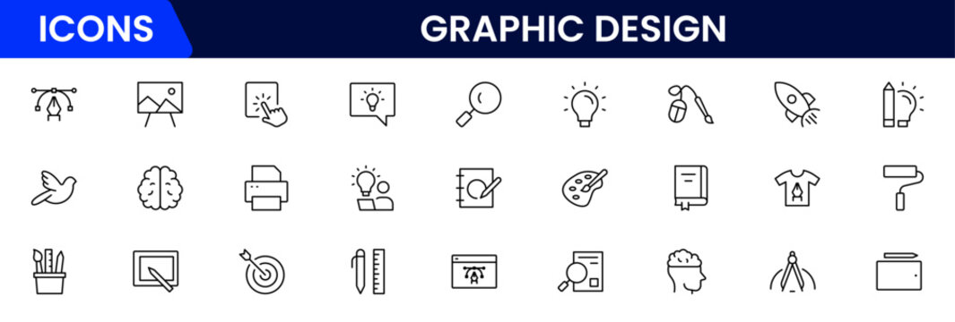 Graphic design web icons set in duotone outline stroke design. Pack pictograms with color palette, content, freelance, print, painting, brainstorm, portfolio, creative idea, tool. Vector illustration. - Powered by Adobe