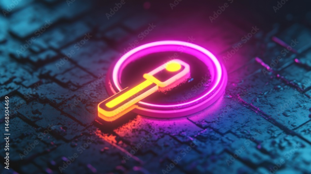 Aufkleber illuminated tool on textured surface with vibrant magenta and cyan glow