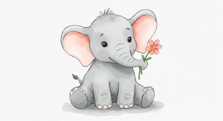 Adorable baby elephant holding a flower illustration with a soft watercolor style, perfect for children's books, nursery decor, and heartwarming greeting cards