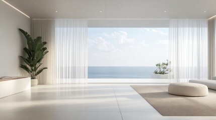 Serene minimalist interior with ocean view, featuring lush plant life and soft light