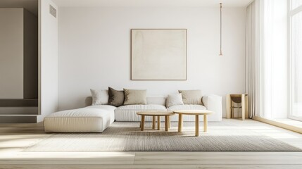 Serene minimalist living room with natural light and neutral tones