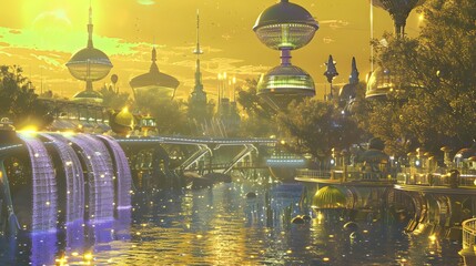 A futuristic waterfall created by advanced technology 