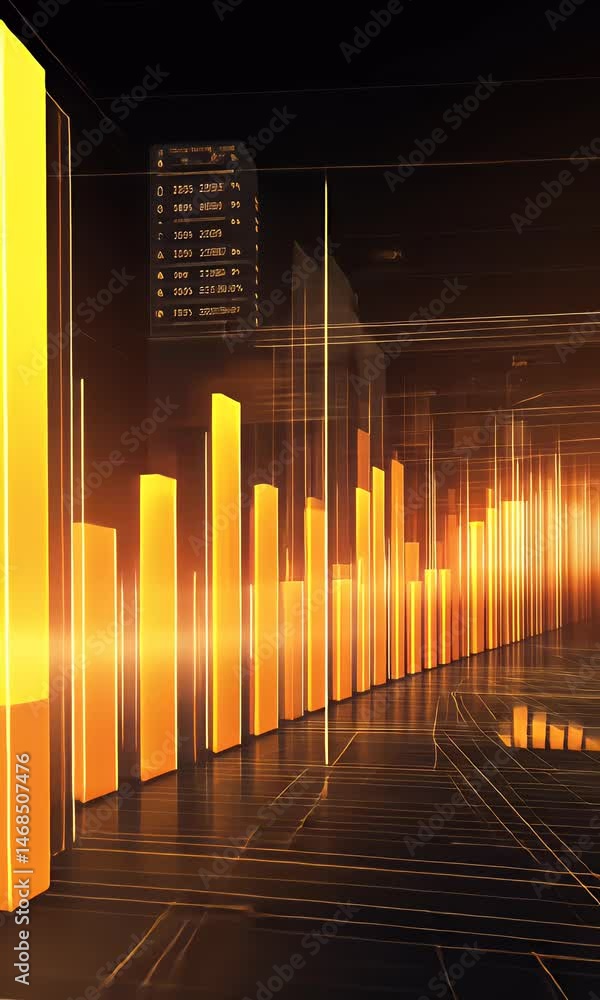 Poster a digital background with a yellow glowing line graph and skyscraper-like shapes
