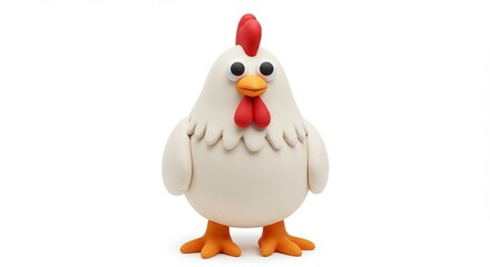 Adorable clay chicken figurine standing on a white background perfect for farm animal themes and children's illustrations, adding a touch of playful charm to any project.