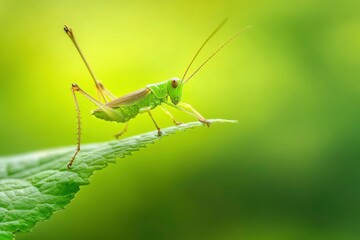 Close-up of a vibrant green grasshopper perched on a leaf with a blurred green background, symbolizing nature