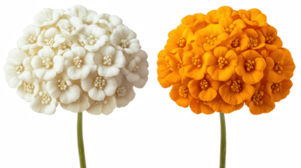 Studio close up of two vibrant globe amaranth flowers on a Transparent Background