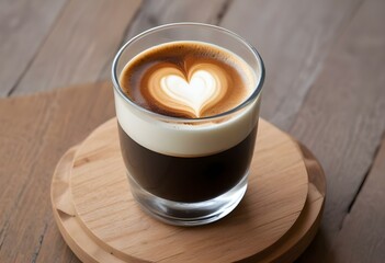 close-up image of a small clear glass filled with a perfectly layered espresso macchiato,  Delicate latte art in a heart