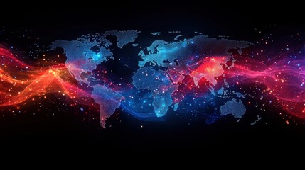 Obraz premium Colorful Abstract World Map with Glowing Sparkles and Waves