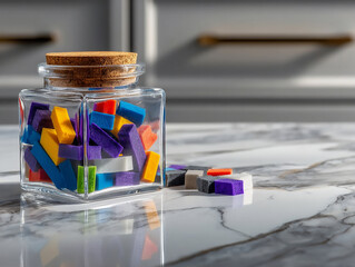 jar of colorful makeup sponges on marble