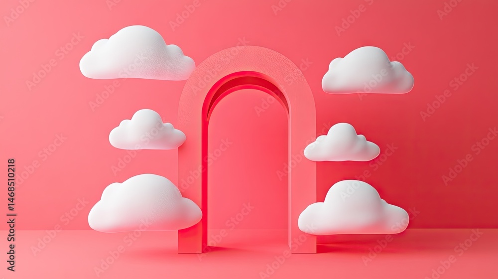 Poster pink archway design with floating clouds.