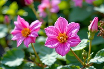 Obraz premium Vibrant Pink Flowers Blossom Amidst Lush Green Foliage in a Sunny Garden Setting