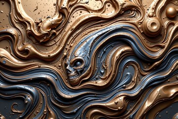 Abstract artistic design featuring flowing metallic textures with a skull motif and glossy surface details in dynamic composition