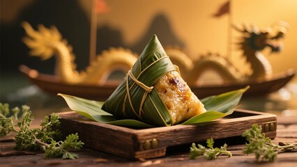 A vibrant zongzi wrapped in bamboo leaves on a wooden tray with mugwort sprigs, celebrating Dragon Boat Festival traditions.