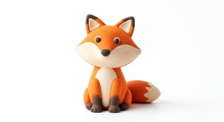 Adorable handcrafted clay fox figurine sitting upright against a plain white background, perfect for children's illustrations and creative projects, studio shot
