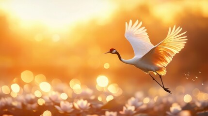 Elegant swan gliding on water, beautiful sunset backdrop creating warm glow, serene nature, peaceful moment for reflection.