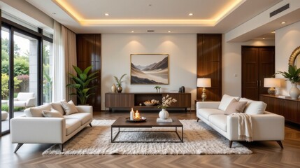 Elegant and modern living room interior with cozy furniture, natural light, and stylish decor elements in serene atmosphere