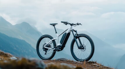 Electric mountain bike on rugged terrain, sleek design, vibrant blue color, adventure theme, ideal for outdoor enthusiasts.