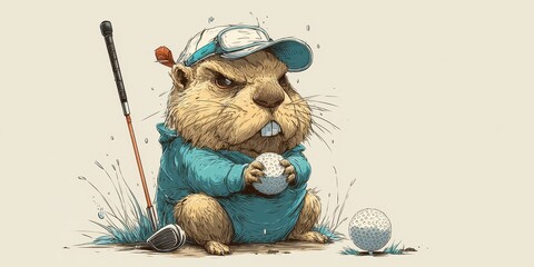 A  cartoon groundhog golfer with a golf ball.