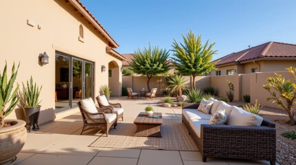 Obraz premium Elegant outdoor patio furniture surrounded by lush greenery and charming landscape design in a sunny residential setting