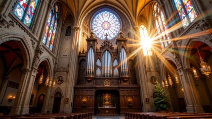 Obraz premium Majestic Interior of a Historic Church with Stunning Stained Glass and Sunlight Filtering Through the Architectural Details