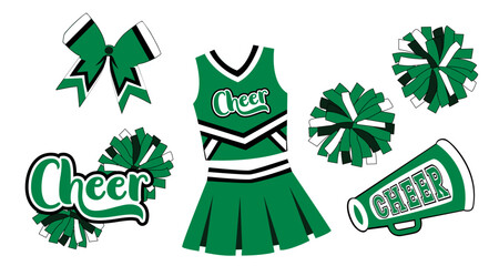 Cheerleading illustration, green and white bow, pom-poms, a cheerleading uniform, a megaphone. Vector cheerleading illustration.