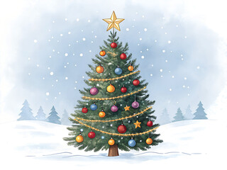 Obraz premium Christmas tree with gifts and decorations in a winter setting ai generated