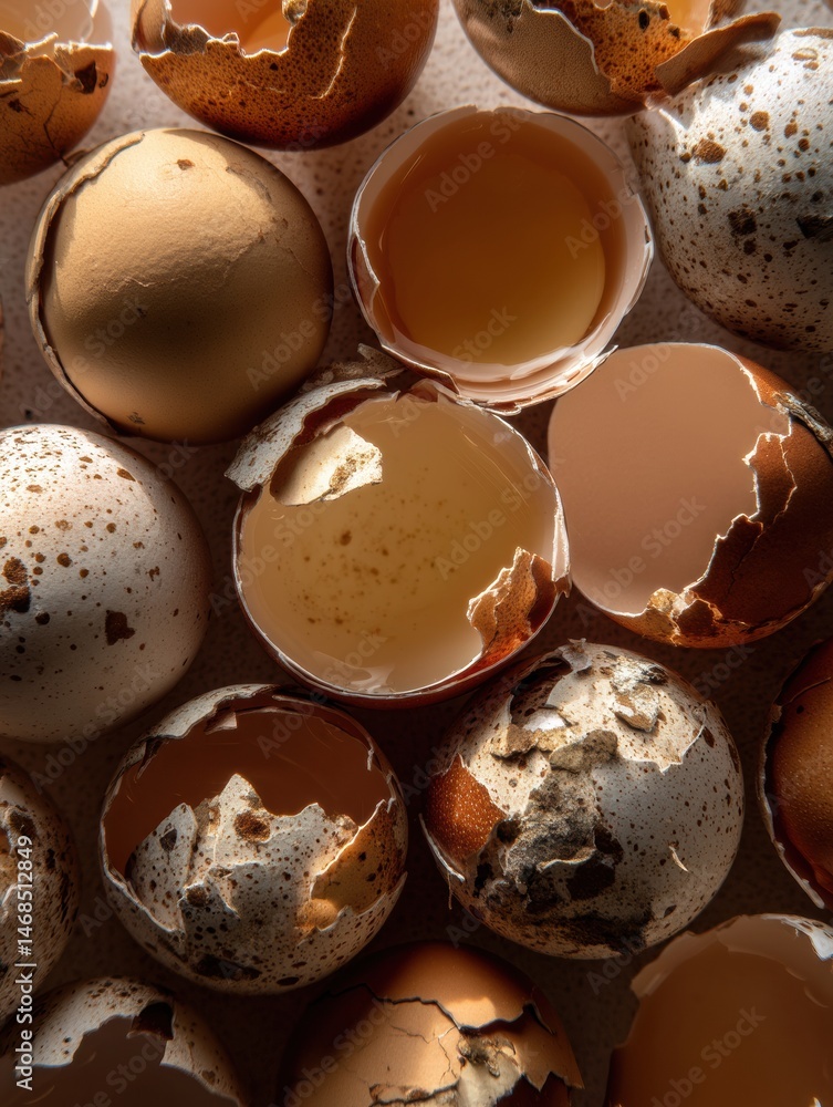 Poster broken eggshells arranged in a circular pattern reveal remnants of contents in a top-down view taken