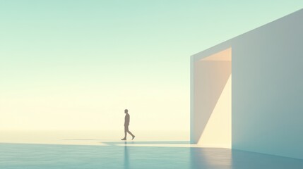 Obraz premium Minimalist scene with a figure standing near a geometric structure, serene water reflection, emphasizes solitude and contemplation.