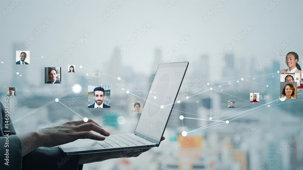 Poster business people using laptops in the office and multinational human resources network concept