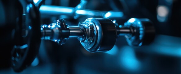 Naklejka premium Close-Up View of a Spinning Dumbbell in a Modern Gym with Dramatic Lighting Effects