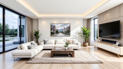 Fototapeta premium Modern bright living room interior with cozy furniture, contemporary decor, and beautiful wall art in a spacious area