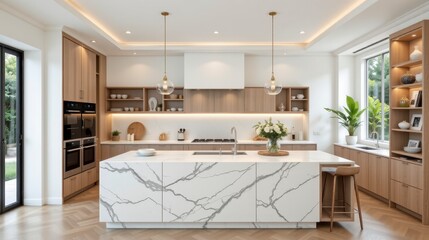 Modern elegant kitchen interior with marble island, natural wood cabinetry, stylish decor, and abundant natural light
