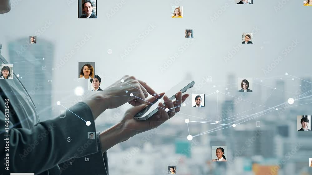 Poster concept of business people using smartphones and multinational human resources network