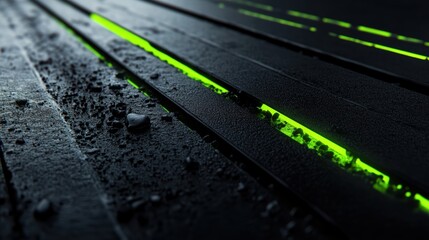 Fototapeta premium Futuristic Dark Surface with Green Neon Strip and Textured Ground for Urban or Sci-Fi Design Projects
