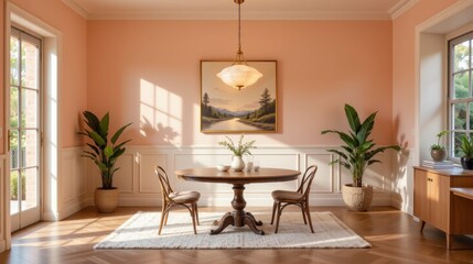 Cozy dining area with wooden table, elegant chairs, plants, and warm light in a pastel pink room with beautiful artwork