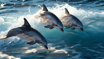 Naklejka premium Dolphins leaping through waves ocean wildlife photography seascape action shot marine life exploration