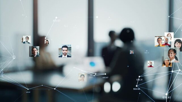 会議するビジネスパーソンのグループと多国籍人材ネットワークのコンセプト