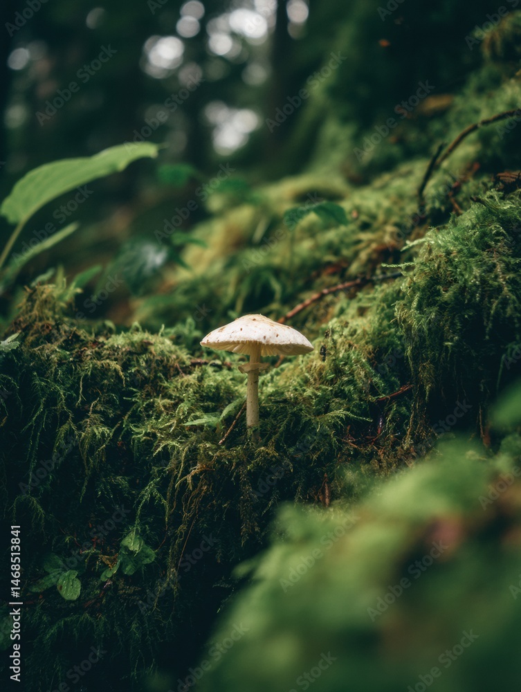 Poster Mushroom Growing in Lush Moss on Forest Floor Surrounded by Greenery in a Tranquil Woodland Setting Generative AI